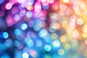 Poster - Blurred colorful bokeh lights are creating a festive abstract background with a gradient of colors from blue to pink and yellow, perfect for celebrations and holidays