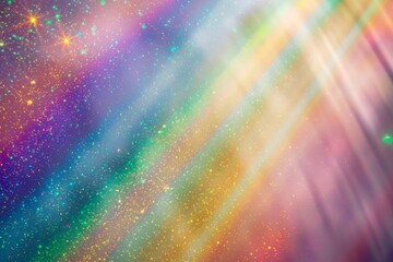 Poster - Colorful rainbow background featuring sparkling glittering particles and radiant light beams, creating a magical and vibrant atmosphere filled with energy and joy
