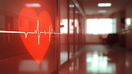 Poster - Illuminated red heart with white electrocardiogram line representing vital signs, displayed in a blurred hospital corridor, symbolizes healthcare, cardiology, and medical emergencies