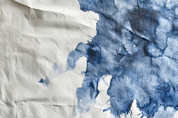 Poster - Ink blot spreading across crumpled paper, forming an intriguing abstract blue shape. Ideal for artistic projects, backgrounds, and creative designs, adding texture and depth