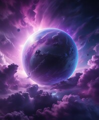 ethereal blue planet with swirling purple clouds, cosmic, galaxy, abstract