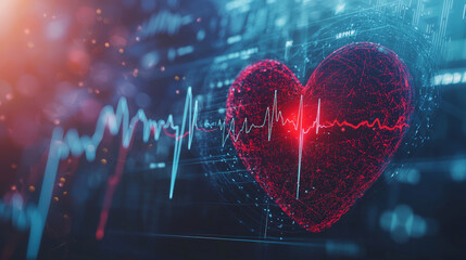 Poster - Polygonal red heart showing heartbeat pulse with futuristic interface and digital data processing in background representing medical healthcare technology and innovation
