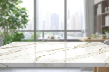 Poster - Shining marble table top sitting empty in a blurred modern office, featuring large windows that reveal a stunning cityscape, ideal for showcasing products or presentations