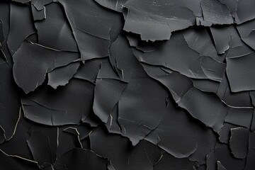 Poster - Close-up view revealing a textured surface of cracked black material, creating an abstract pattern enriched with captivating shadows and highlights that evoke a sense of depth