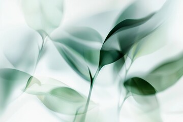 Poster - Green leaves are swaying gently in a soft, dreamy atmosphere, creating a sense of tranquility and peace, ideal for backgrounds and design projects focused on nature, wellness, or serenity