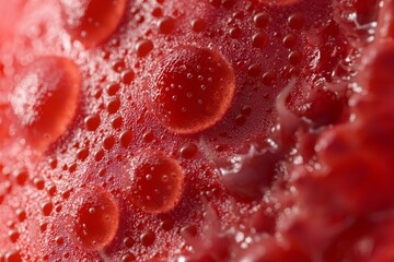Poster - Extreme close-up capturing glistening water droplets forming bubbles on a vibrant red surface, creating an abstract pattern with dynamic light and shadow interplay