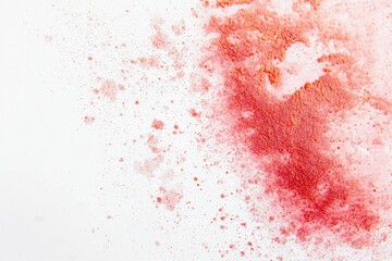 Poster - Red powder exploding on a white background creating a colorful cloud with small particles scattered around, perfect for backgrounds and textures