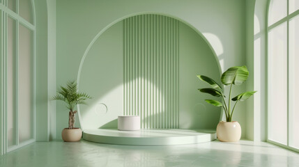 Poster - serene interior space featuring mint green backdrop, plants, and circular platform, creating calming