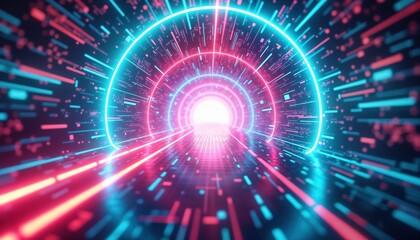 Poster - Abstract tech tunnel with neon blue, pink lights. Digital glitch effect, interlaced lines create futuristic rave gaming environment. Interlacing circles of light highlight pathway. Cyberpunk