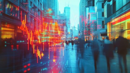 Poster - Glowing stock market data and charts superimposed over a busy city street at dusk, creating a futuristic cityscape visualizing financial activity