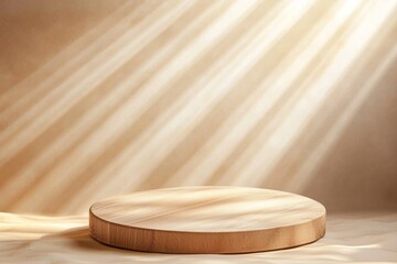 Poster - Empty round wooden podium on beige background with light rays creates a minimalist and elegant setting for showcasing products, cosmetics, or other items