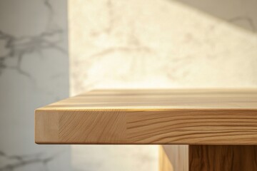 Poster - Empty wooden tabletop on blurred marble wall background illuminating by sunlight creates a serene and inviting space for product placement or decorative display