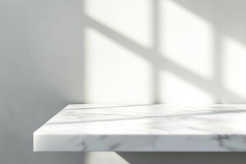 Poster - Empty top of natural stone shelves on white wall with window sunlight shade from the window, ideal background for product display montage or design key visual layout