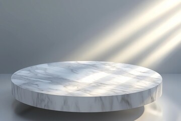 Poster - Sunlight beams illuminate an empty round white marble pedestal in a studio shot, creating a luxurious and elegant atmosphere perfect for showcasing products