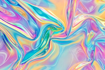 Poster - Swirling and flowing pastel colors blend together in a holographic iridescent background, creating a captivating and vibrant visual experience filled with dynamic energy and motion