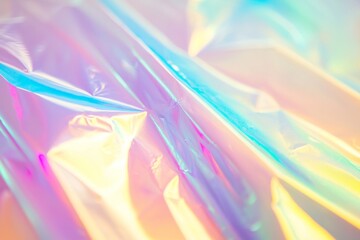 Poster - Holographic wrinkled material creates an abstract background filled with vibrant pastel colors, offering a perfect blend for modern and futuristic design concepts