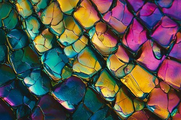 Poster - Macro photograph featuring a crystallized surface with vibrant colors of gold, yellow, pink, purple, blue, and green, creating a mesmerizing abstract pattern