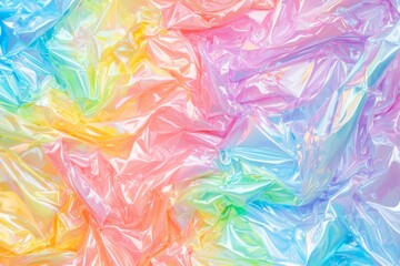Poster - Creating an abstract textured background with rainbow-colored iridescent plastic film, featuring a vibrant, shiny, and crumpled surface that captivates with its vivid hues and dynamic patterns
