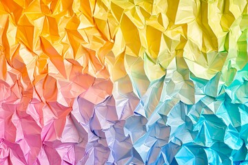 Poster - Gradient rainbow colored crumpled paper creates a full frame textured background, blending seamlessly from warm yellows and oranges to cool blues and purples