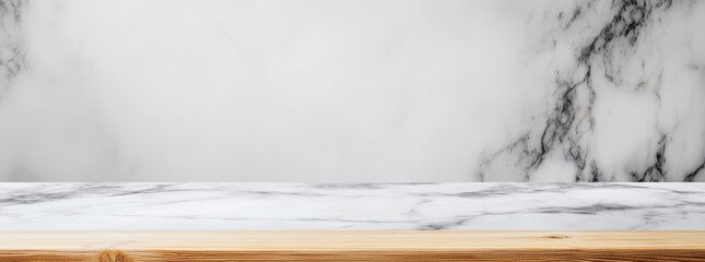 Poster - Empty surface of a natural stone table or countertop featuring a wooden base, set against a marble wall background, providing an ideal setting for product display and presentation