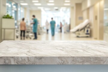 Poster - Empty marble surface with blurred hospital corridor with doctors and patients in background provides ideal space for displaying medical or healthcare products