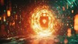 © Justlight - An imposing 3D digital lock stands boldly adorned with glowing holographic patterns and surrounded by a swirling vortex of encrypted data and code snippets representing robust data