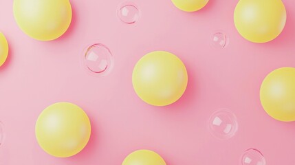 Poster - Abstract composition featuring multiple yellow spheres and transparent soap bubbles floating against a vibrant pink backdrop, creating a playful and visually appealing arrangement