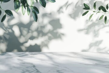 Poster - Empty white marble table top with green tree leaves shadow on white wall background for product placement, showcasing cosmetic product or jewellery
