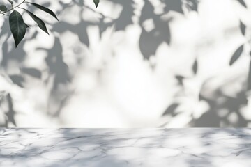 Poster - Empty top of a white marble table featuring blurred shadows of leaves on a white wall background, creating an ideal setting for elegant product presentations and displays