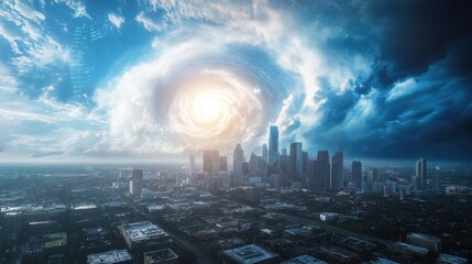 Poster - Wormhole opening in cloudy sky above city skyline with digital data trails suggesting interstellar travel, technological singularity, or alien invasion