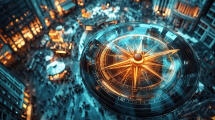 Poster - Futuristic glowing compass showing direction with modern buildings, streets and city lights blurred in background, symbolizing navigation, technology and progress