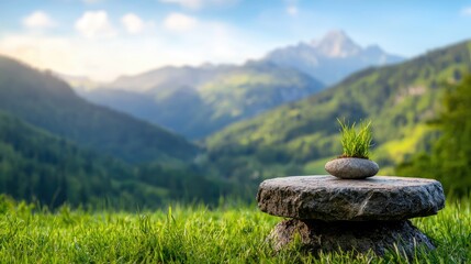 mountaintop serenity grass sprouts from stone, scenic background