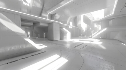 Poster - futuristic, minimalistic interior space with bright white surfaces and geometric shapes, illuminated