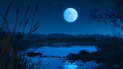 Sticker - A full blue moon with soft light reflecting off a still pond at night. Lunar Horizon. Illustration