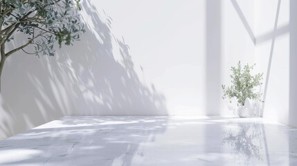 Poster - bright and minimalistic interior space featuring marble floor, tree casting shadows, and potted plan