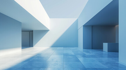 Poster - modern, minimalist interior space with blue tones and geometric shapes, featuring large windows that