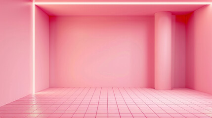 Poster - vibrant pink interior space with smooth walls and tiled floor, featuring soft neon lighting that cre