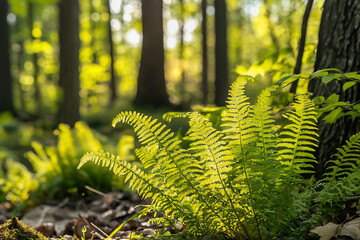 Poster - Lush green ferns illuminated by sunlight in a serene forest, creating a tranquil natural scene