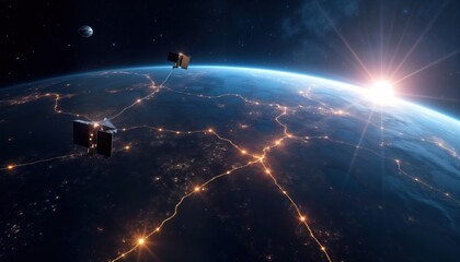 Poster - Satellite trails orbit planet earth illuminated by city lights. Space tech concept. Network of satellites connected over urban areas. Futuristic view of global communication system. Planet earth from