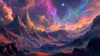 © Thiago - Stunning panoramic view of a majestic mountainous landscape with a dramatic colorful sky filled with mystical celestial phenomena like the aurora borealis glowing galaxies. Aurora Ridge. Illustration