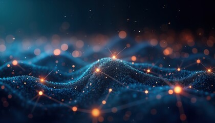 Poster - Abstract digital data visualization of network connections. Wave-like patterns of connected particles form intricate network structure. Dynamic glowing points light up connections. Modern tech design