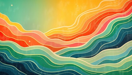 Poster - Groovy abstract background features wavy lines in retro colors avocado green peach sky blue. Rough texture creates dynamic effect. Vivid colors evoke psychedelic vibe reminiscent of 1960s, 70s