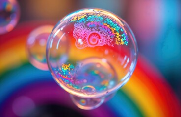 Poster - Closeup view of colorful soap bubbles. Rainbow colors reflect in liquid surface. Multicolored patterns, glitter particles create amazing iridescent effect. Science art macro photography. Abstract
