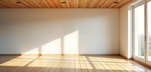 Poster - Empty room bathed in sunlight. Wooden floor, white walls create minimalist, bright atmosphere. Natural light streams through large windows view of outdoors. Modern space perfect for home decor