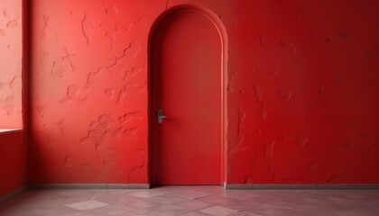 Aufkleber - Minimalist room with vibrant red walls. Simple arched door positioned centrally. Interior design concept. Modern, clean, elegant aesthetic. Red color used as feature. Style, background design for