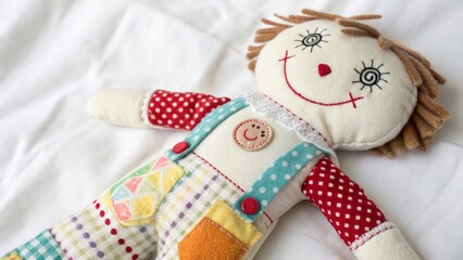 Handmade Rag Doll on White Fabric