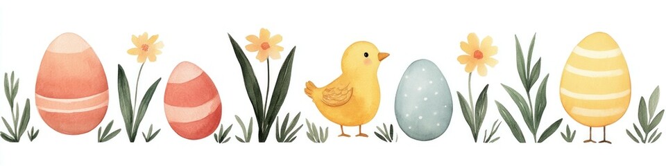 Wall Mural - Cute hand drawn Easter scene with pastel eggs, a cheerful chick, and spring flowers, perfect for holiday themes and seasonal celebrations