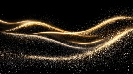 Poster - Stunning gold glitter particles forming a dynamic and ethereal wave pattern on a sleek black background
