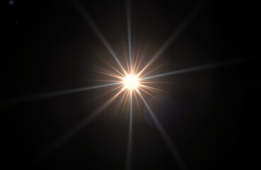 Poster - Bright lens flare effect on black background. Powerful light burst radiating from center. Abstract design with light rays. Suitable for various digital projects.