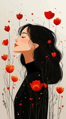 Sticker - A serene profile of a woman surrounded by vibrant red poppies, blending natural beauty with tranquility in an artistic composition.